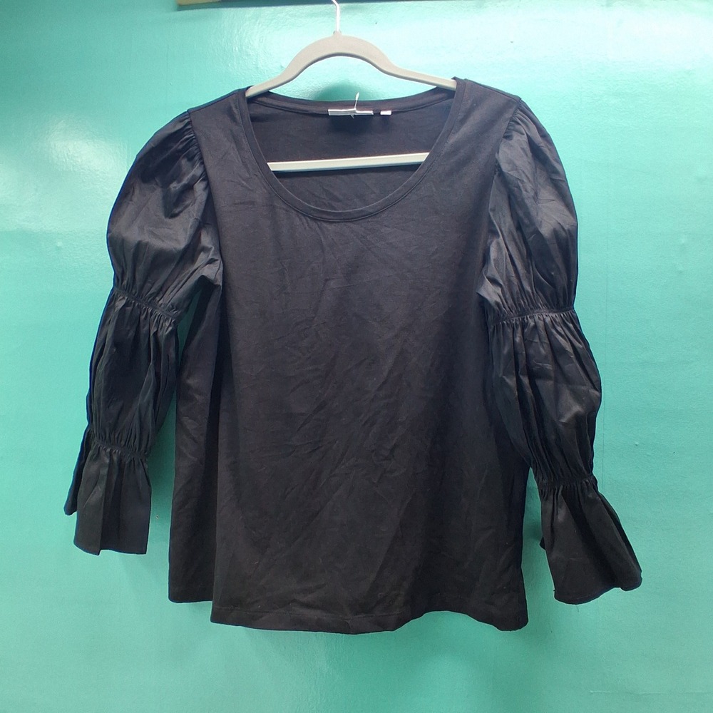 Chico's Puff Sleeve Top Size 0 S Black Mixed Media Balloon Bell Scoop Neck